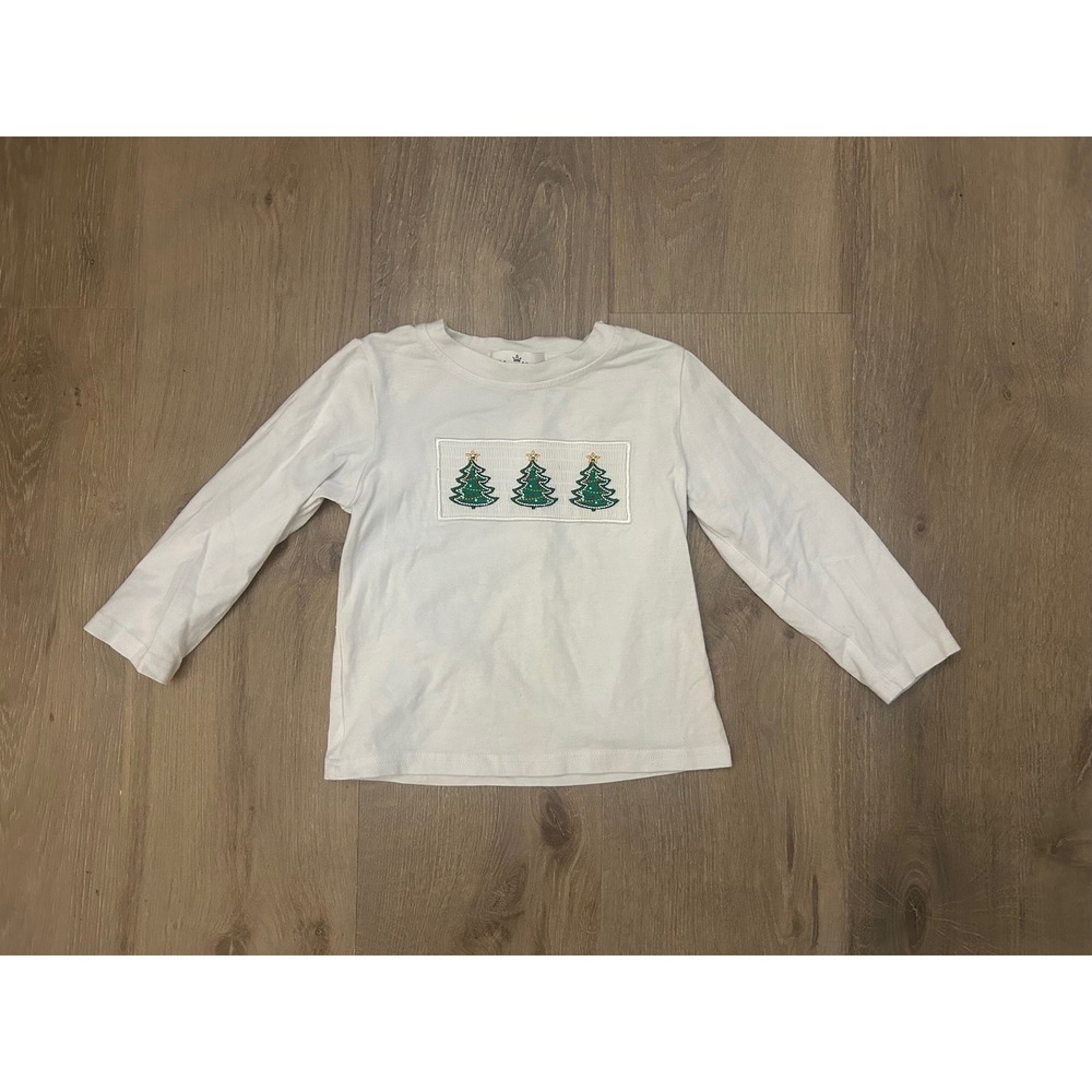 🎄Kids White Smocked Christmas Tree Shirt - Kids Size 4 - Holiday Long Sleeves